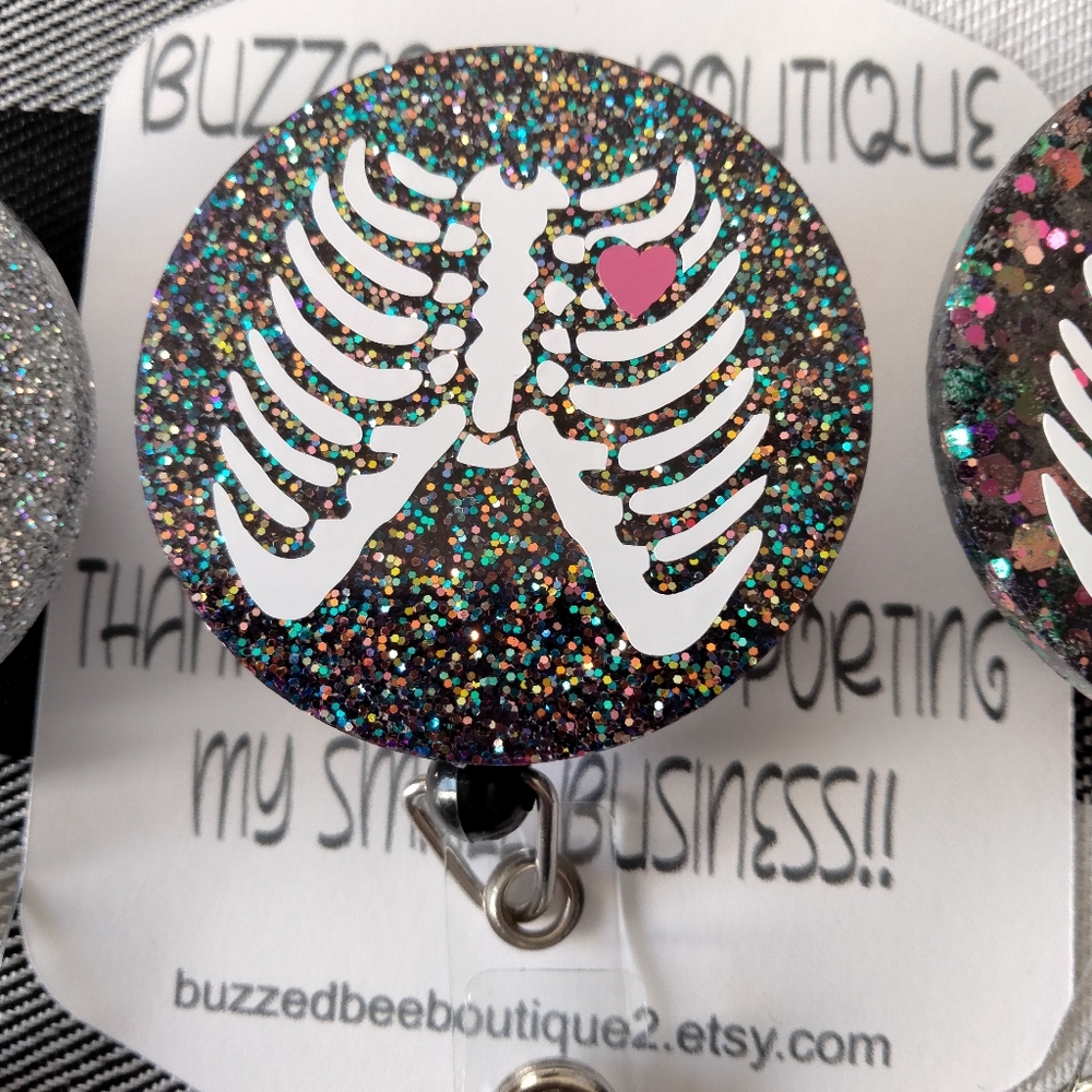 Black shimmer X-ray tech name badge reel ID holder